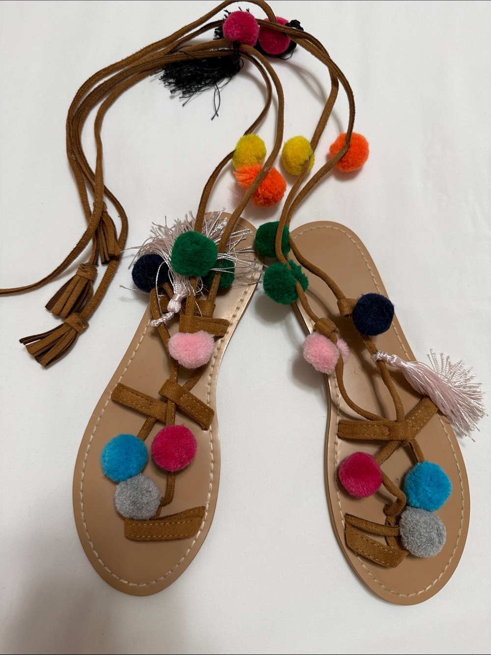 Boho Pom Pom Lace-Up Sandals in Tan with Multicolor Poms